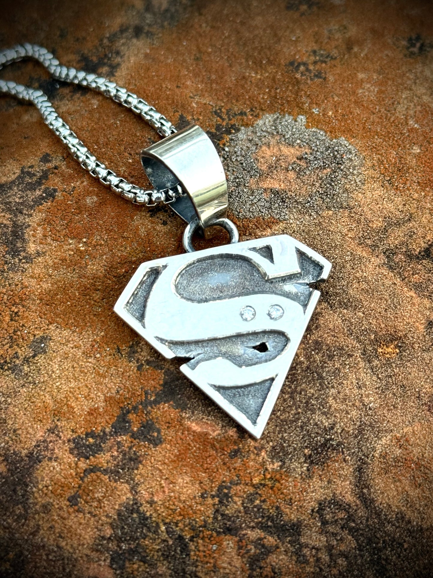 Sterling Superman Pendant Diamonds