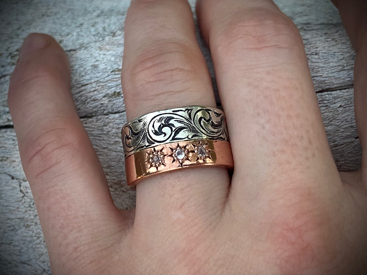 Wide Sterling and Copper Band Sz 8.5