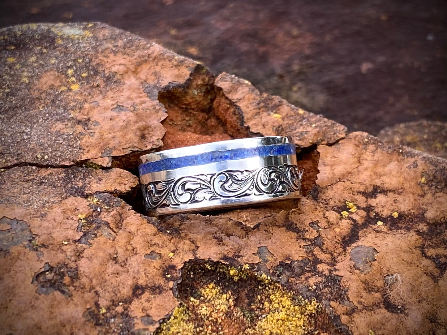 Sterling band crushed Lapis inlay Sz 9