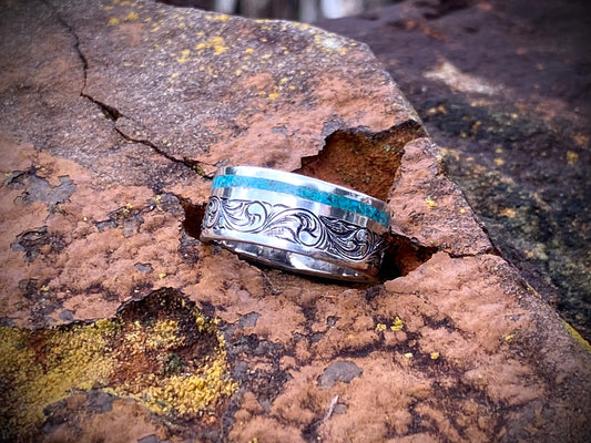 Sterling Band crushed turquoise inlay Sz 8.5