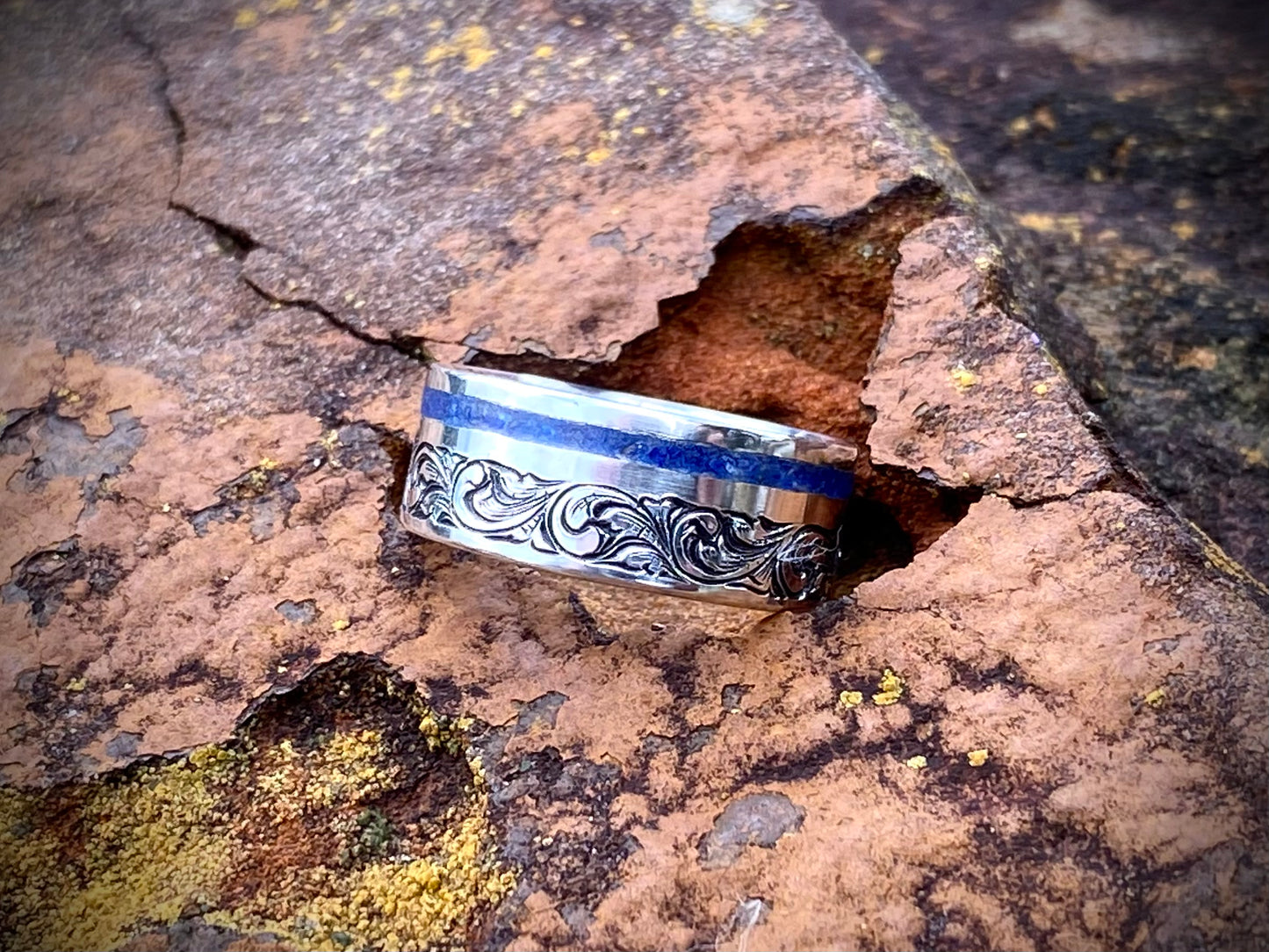 Sterling band crushed Lapis inlay Sz 9
